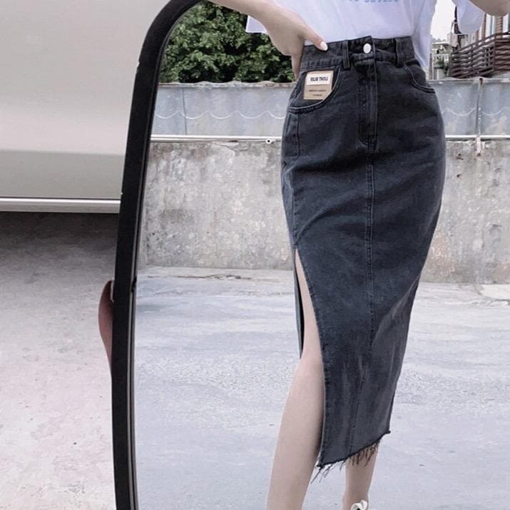 Midi Denim Skirt With Side Slit - Asian Fashion Lianox