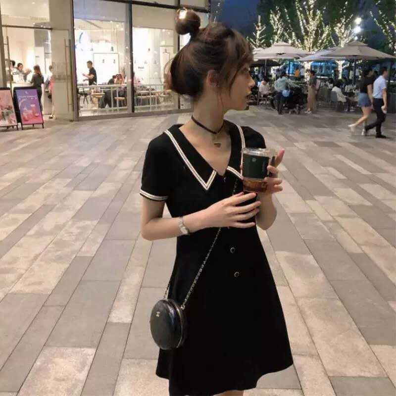 Two-Toned Button-Down Dress With Short Sleeves And Collar - Asian Fashion Lianox