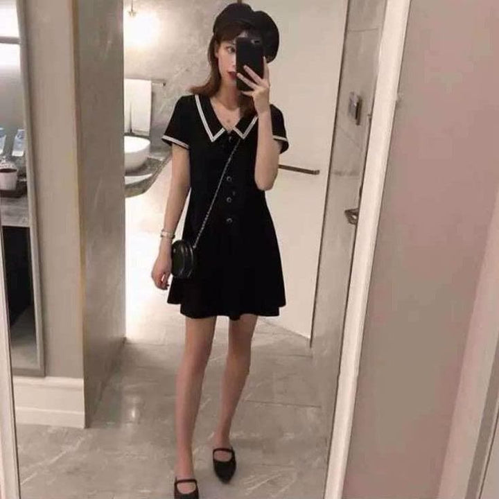 Two-Toned Button-Down Dress With Short Sleeves And Collar - Asian Fashion Lianox
