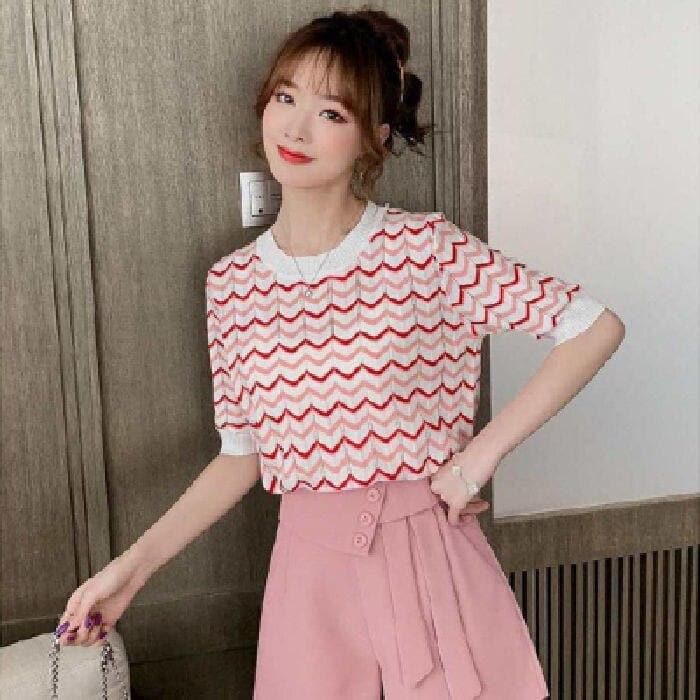 Knit Tee With Wave Pattern -  Asian Fashion! - Shop Korean & Japanese Fashion on Lianox.