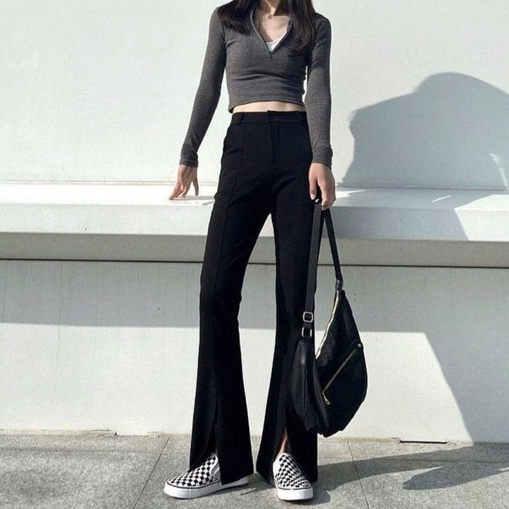 Flared High-Waist Pants With Slit Details - Asian Fashion Lianox