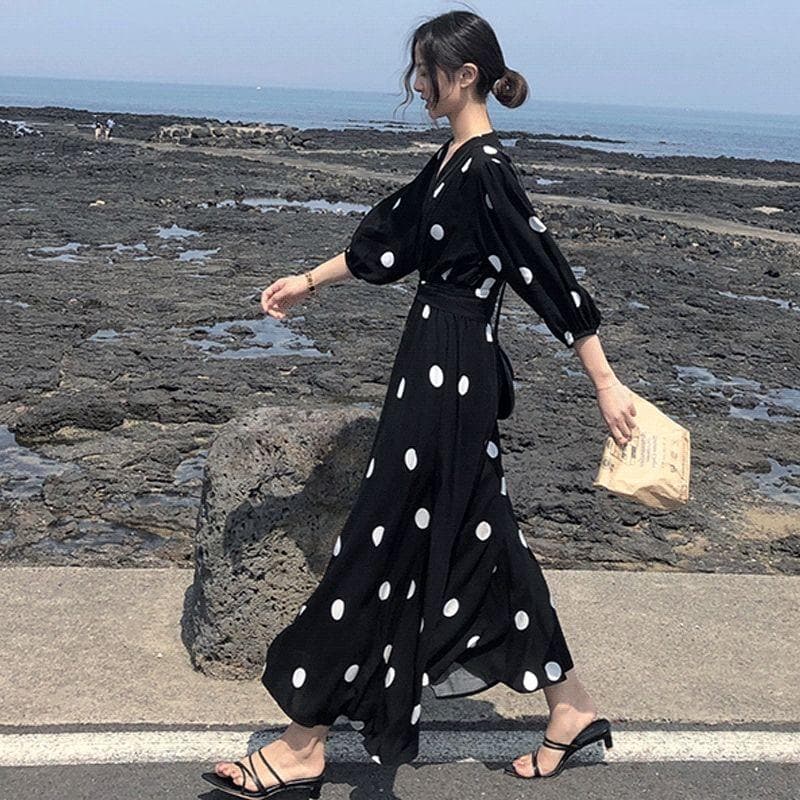 Maxi Dress With Self-Tie Waist And Polka Dots - Asian Fashion Lianox