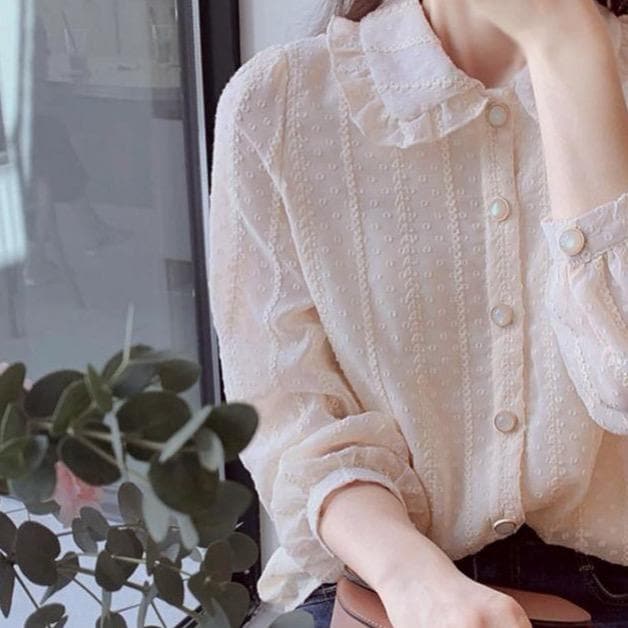 Buttoned Chiffon Blouse With Ruffled Collar and Cuffed Sleeves - Asian Fashion Lianox