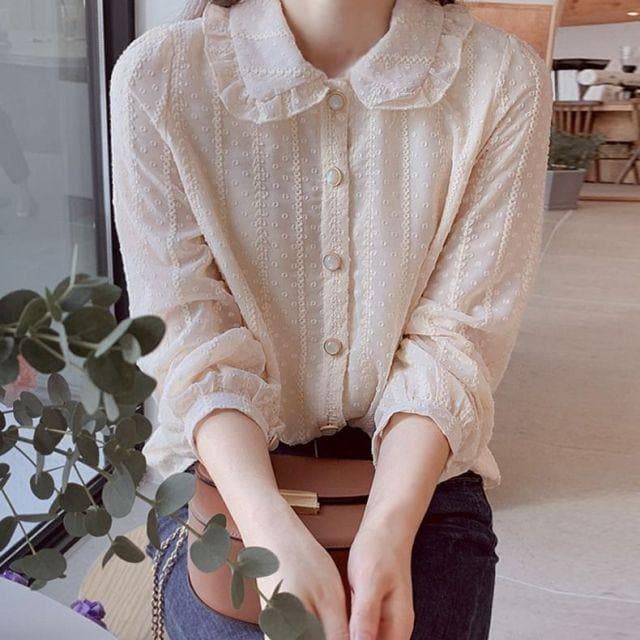 Buttoned Chiffon Blouse With Ruffled Collar and Cuffed Sleeves - Asian Fashion Lianox