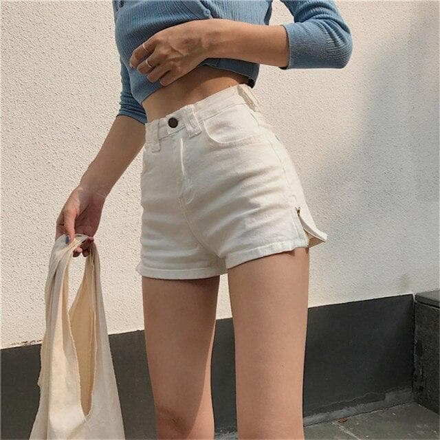 High-Waist Denim Shorts With Zipper Split - Asian Fashion Lianox