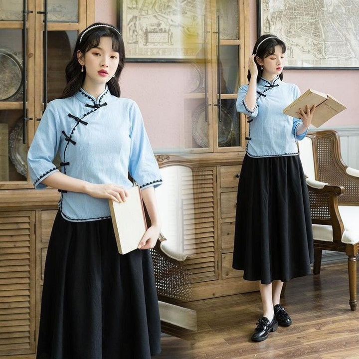 Lightblue Hanfu-Inspired 2-Piece-Set: High-Neck Top + Midi Skirt - Asian Fashion Lianox