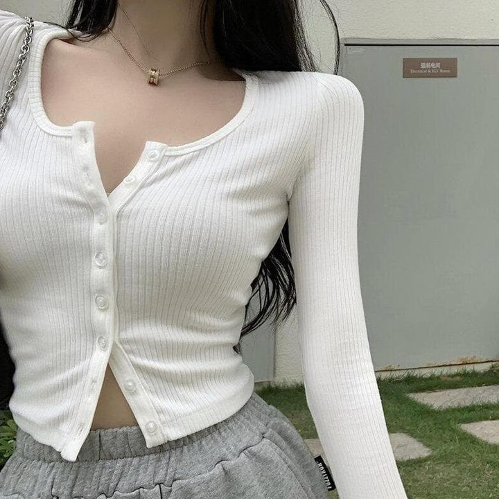 Button-Down Cardigan/Sweatshirt With Slim-Fit - Asian Fashion Lianox