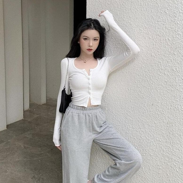 Button-Down Cardigan/Sweatshirt With Slim-Fit - Asian Fashion Lianox