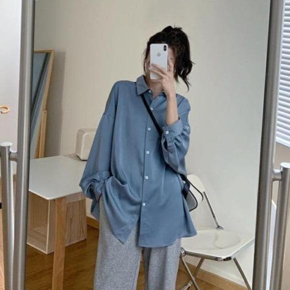 Oversized Silk Shirt With Lantern Sleeves - Asian Fashion Lianox