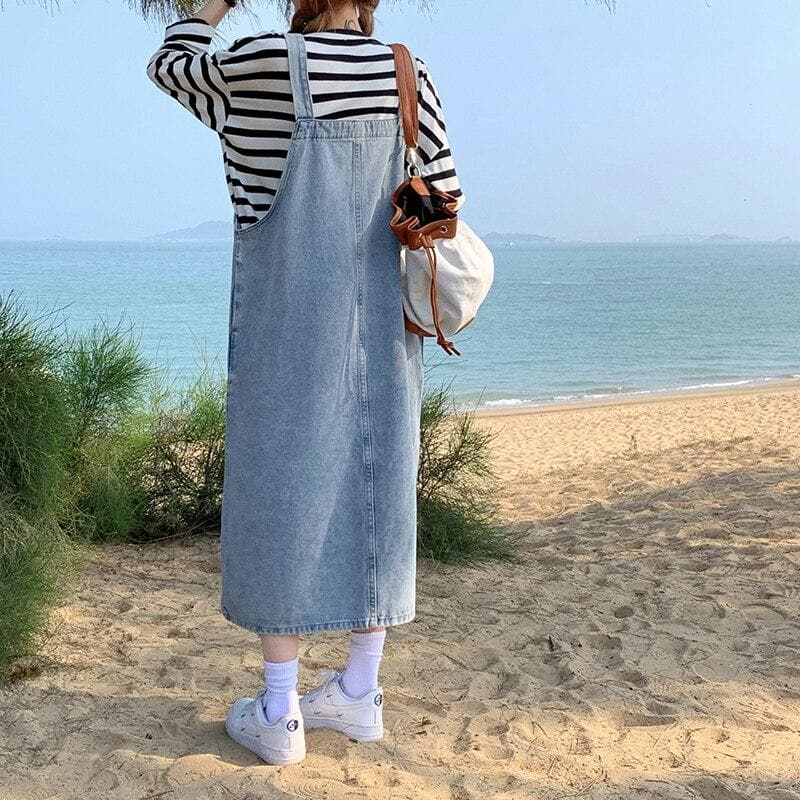 Denim Dungaree Dress With Asymmetrical Hem - Asian Fashion Lianox