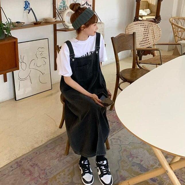 Denim Dungaree Dress With Asymmetrical Hem - Asian Fashion Lianox