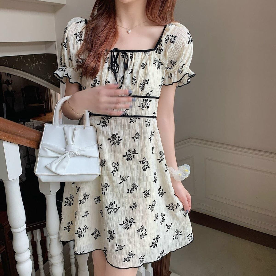Mini Dress With Puff Sleeves And Black Rose Print - Asian Fashion Lianox