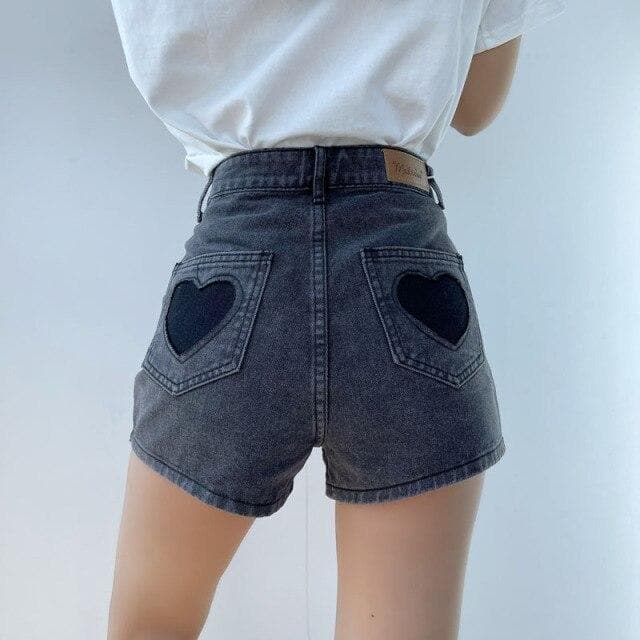 High-Waist Shorts With Heart Embroidery On Pocket -  Asian Fashion! - Shop Korean & Japanese Fashion on Lianox.
