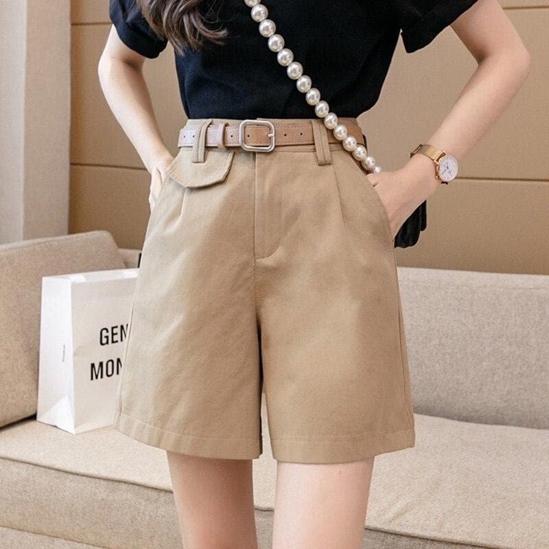Belted High-Waist Shorts -  Asian Fashion! - Shop Korean & Japanese Fashion on Lianox.