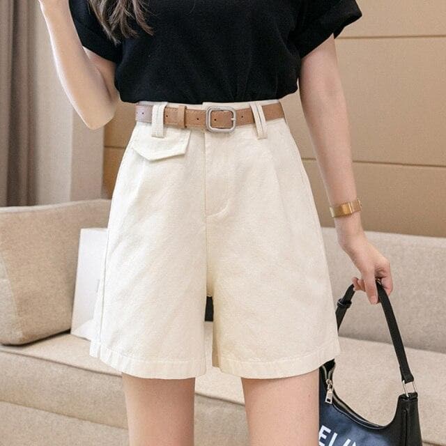 Belted High-Waist Shorts -  Asian Fashion! - Shop Korean & Japanese Fashion on Lianox.