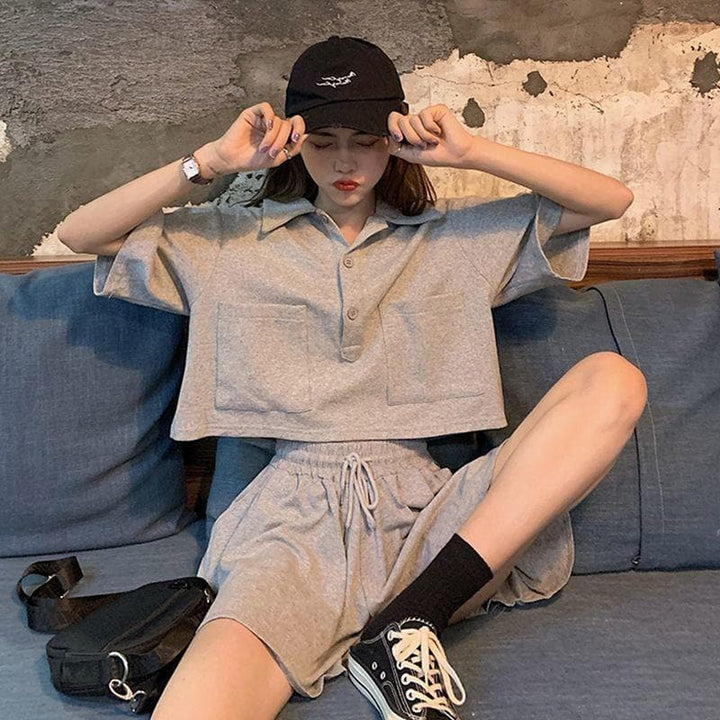 Two-Piece-Set Shortsleeve With Buttons And Pockets And High-Waist Shorts -  Asian Fashion! - Shop Korean & Japanese Fashion on Lianox.