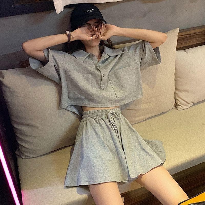 Two-Piece-Set Shortsleeve With Buttons And Pockets And High-Waist Shorts -  Asian Fashion! - Shop Korean & Japanese Fashion on Lianox.