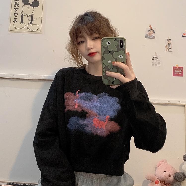 Sweater With Cat Print -  Asian Fashion! - Shop Korean & Japanese Fashion on Lianox.