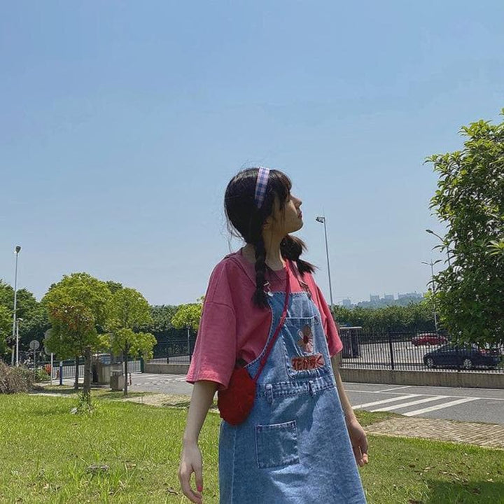 Denim Dungaree Dress With Flower Embroidery And Japanese Lettering