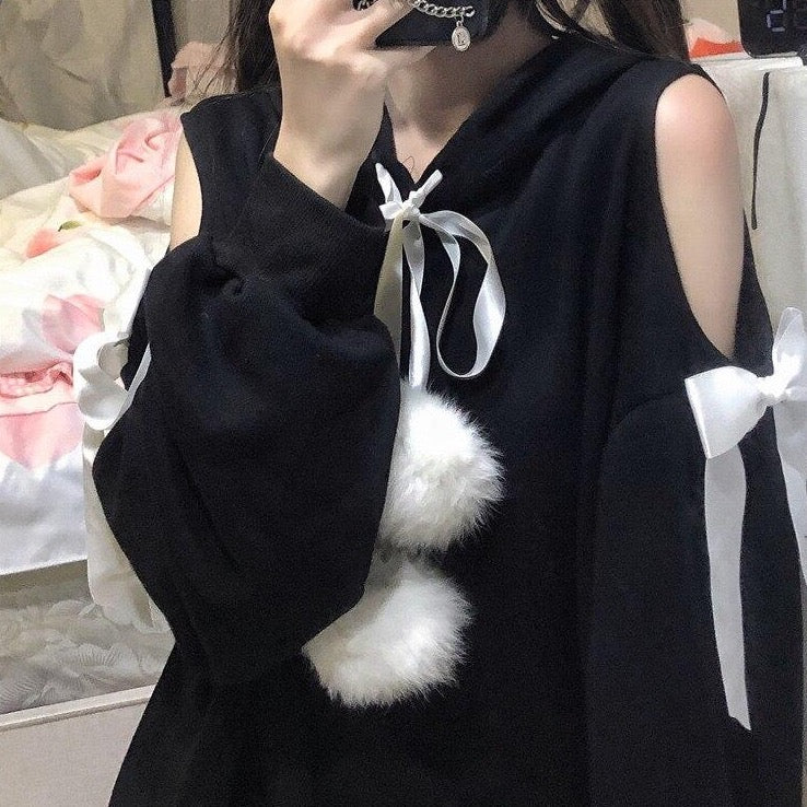 Oversized Cold-Shoulder Hoodie With Ribbons