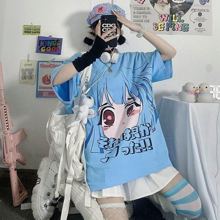 T-Shirt With Anime Girl Face Print And Japanese Lettering