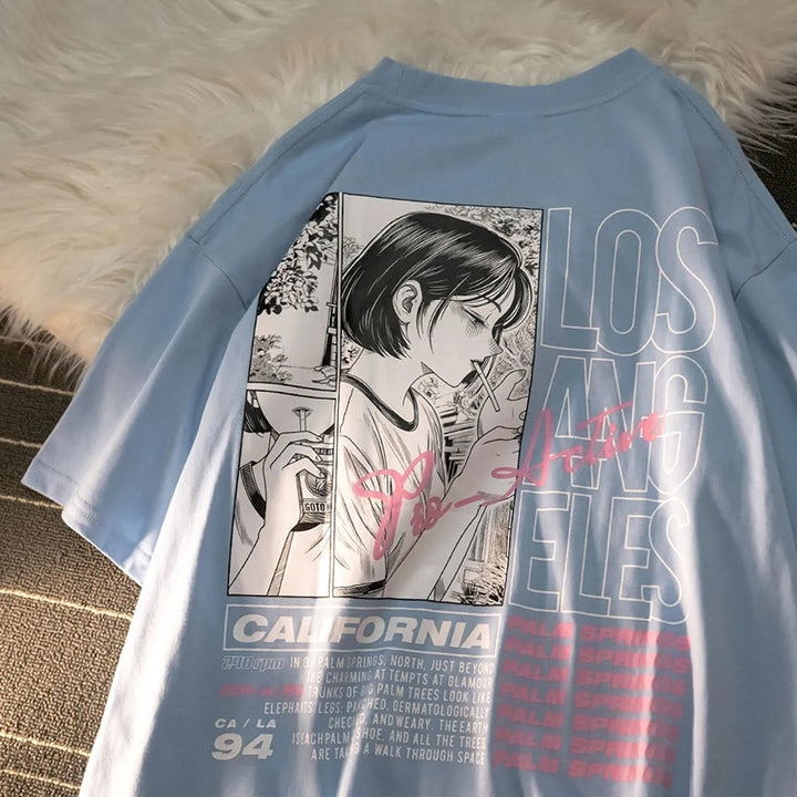 "LOS ANGELES" Tee With Anime Girl And Lettering