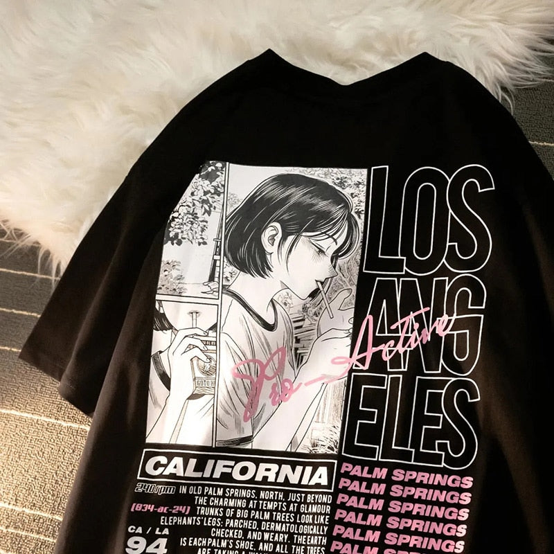 "LOS ANGELES" Tee With Anime Girl And Lettering