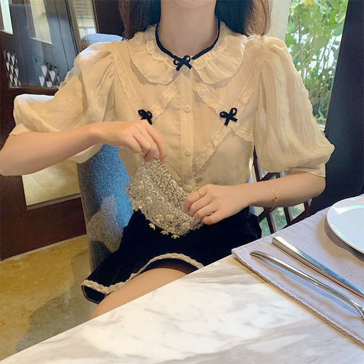 Button-Down Blouse With Puff Sleeves And Ribbons