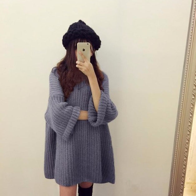 Long Knit Sweater With Wide Sleeves