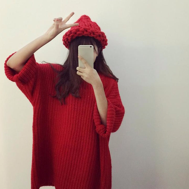 Long Knit Sweater With Wide Sleeves