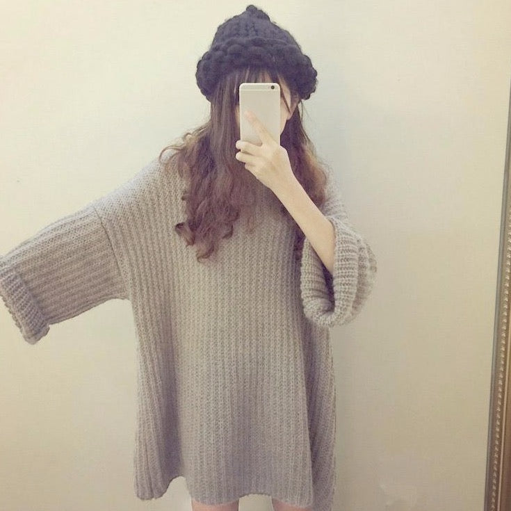 Long Knit Sweater With Wide Sleeves