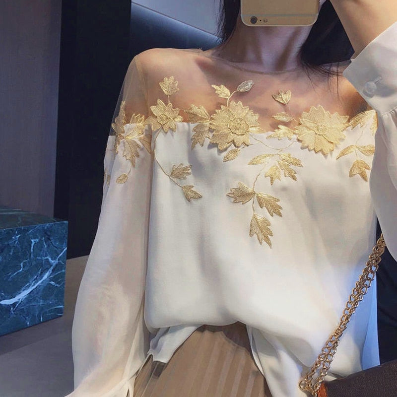 Blouse With Mesh And Floral Embroideries