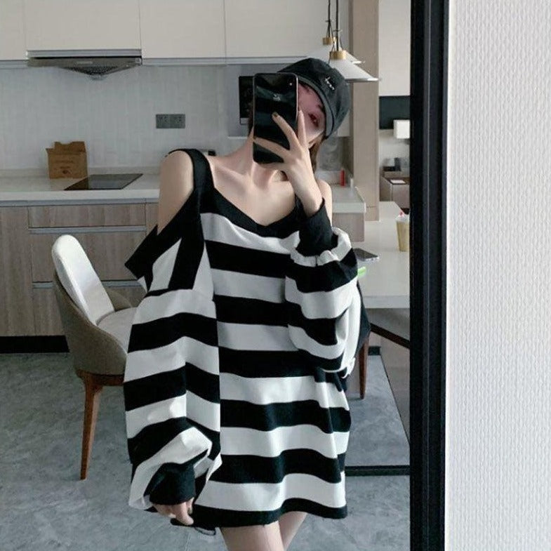 Striped Cold-Shoulder Pullover With Long Sleeves