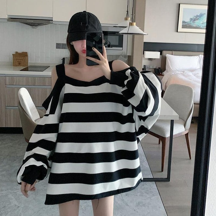 Striped Cold-Shoulder Pullover With Long Sleeves