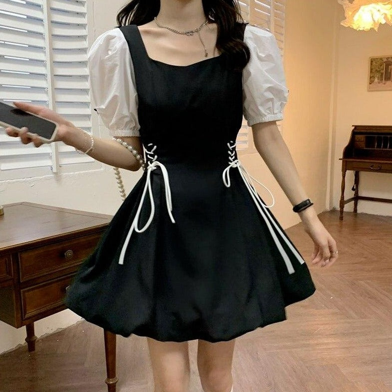 A-Line Dress With Puff Sleeves And Laced-Up Sides
