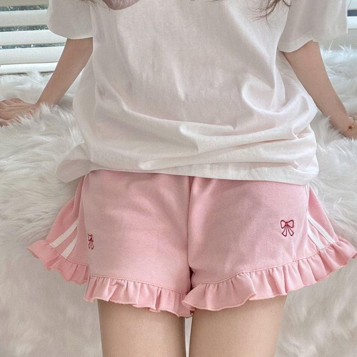 Ruffled Shorts With Bow Embroidery