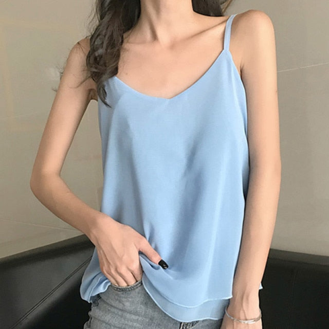 Double Layered Top With V-Neck And Spaghetti Straps