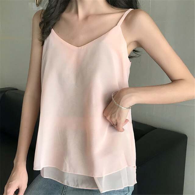 Double Layered Top With V-Neck And Spaghetti Straps