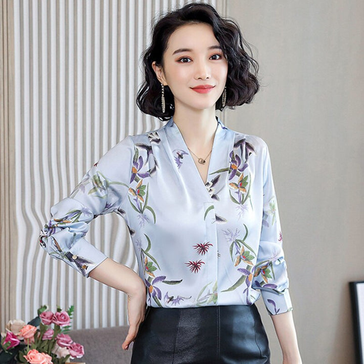 Satin Blouse With Floral Print And V-Neck
