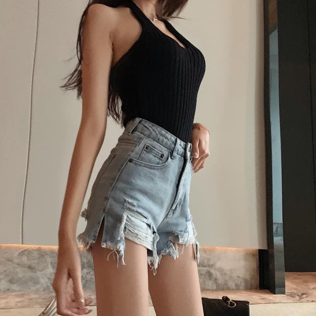 High Waist Denim Shorts With Ripped Accents