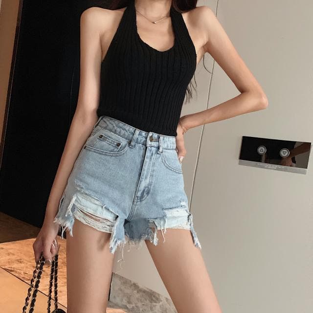 High Waist Denim Shorts With Ripped Accents
