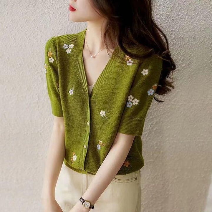 Knit Button-Down Cardigan With Flower Embroidery