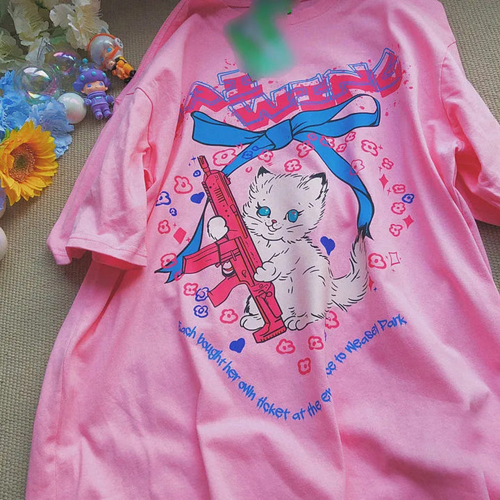 T-Shirt With Cartoon Cat Print