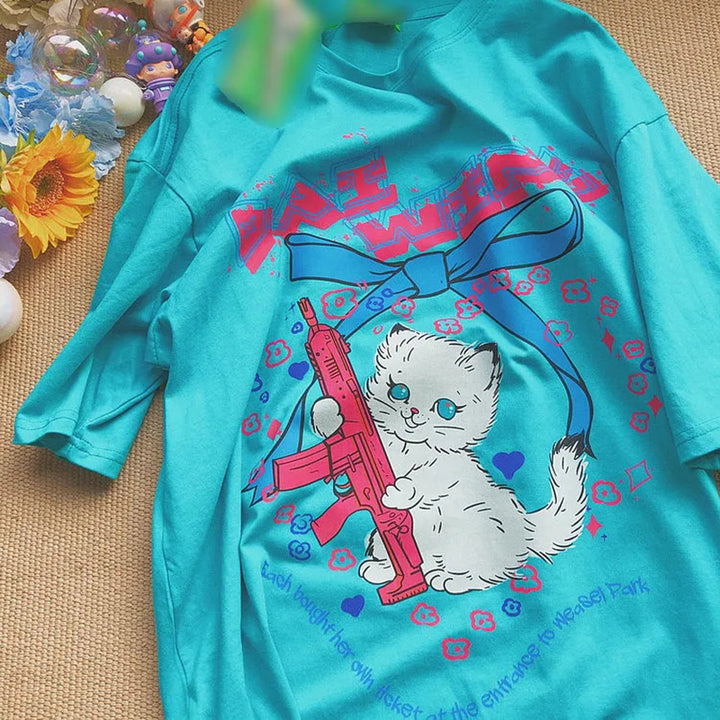 T-Shirt With Cartoon Cat Print