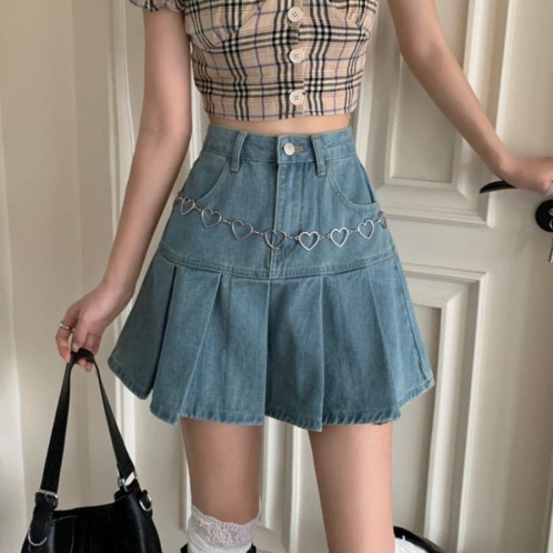 Denim A-Line Skirt With Pleated Hem
