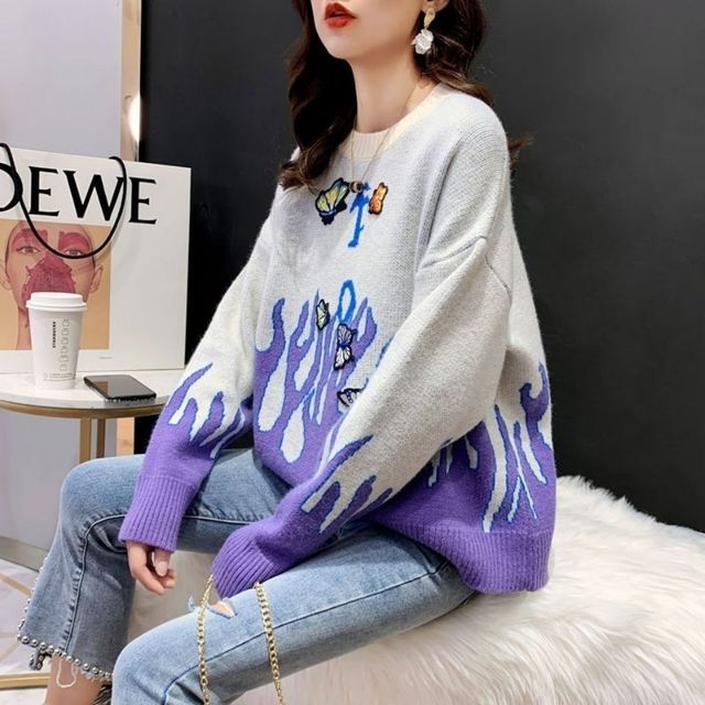 Knitted Sweater With Flame Pattern