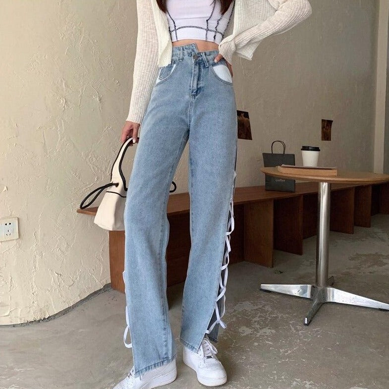 Flared Pants With Laced-Up Slit