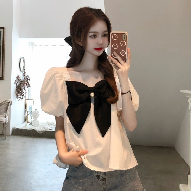 Blouse With Big Bow And Puff Sleeves