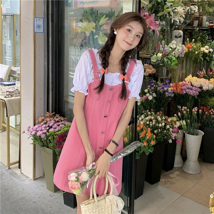 2-in-1 Button-Down Dungaree Dress + Ruffle Blouse With Puff Sleeves
