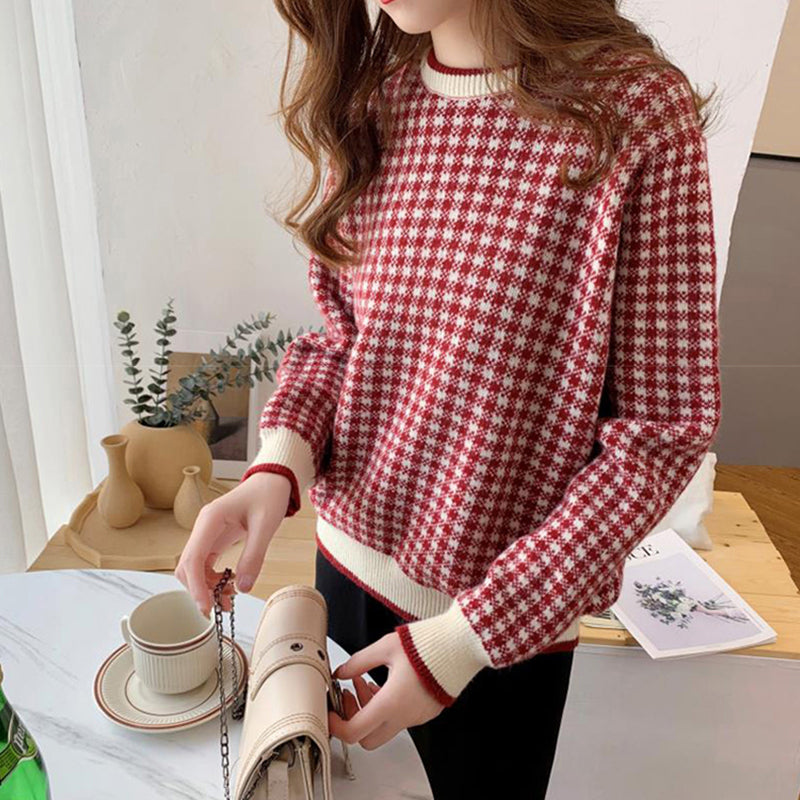 Knit Sweater With Plaid Pattern